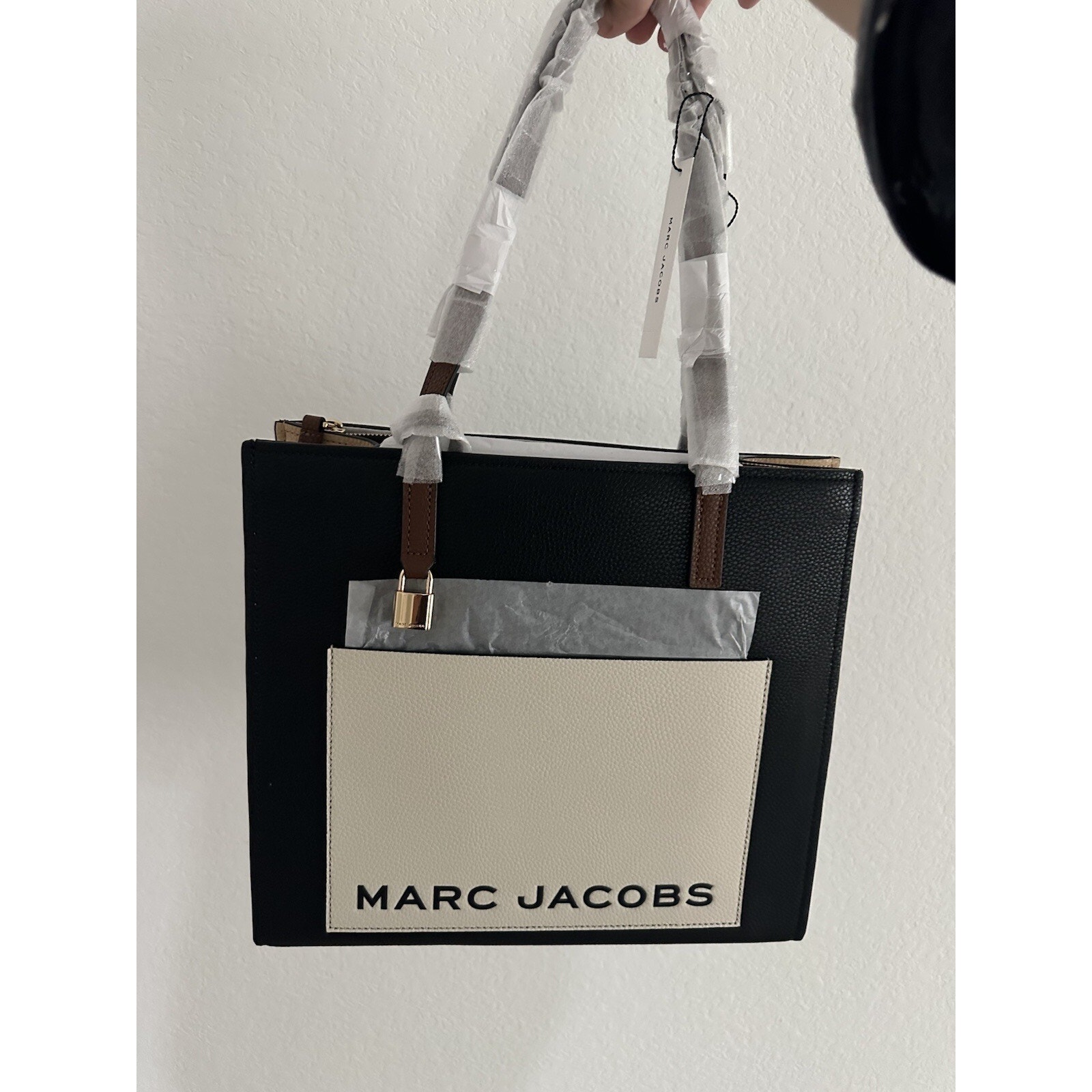 Marc Jacobs The Black Color Block Pebbled Leather Shopper Tote Handbag